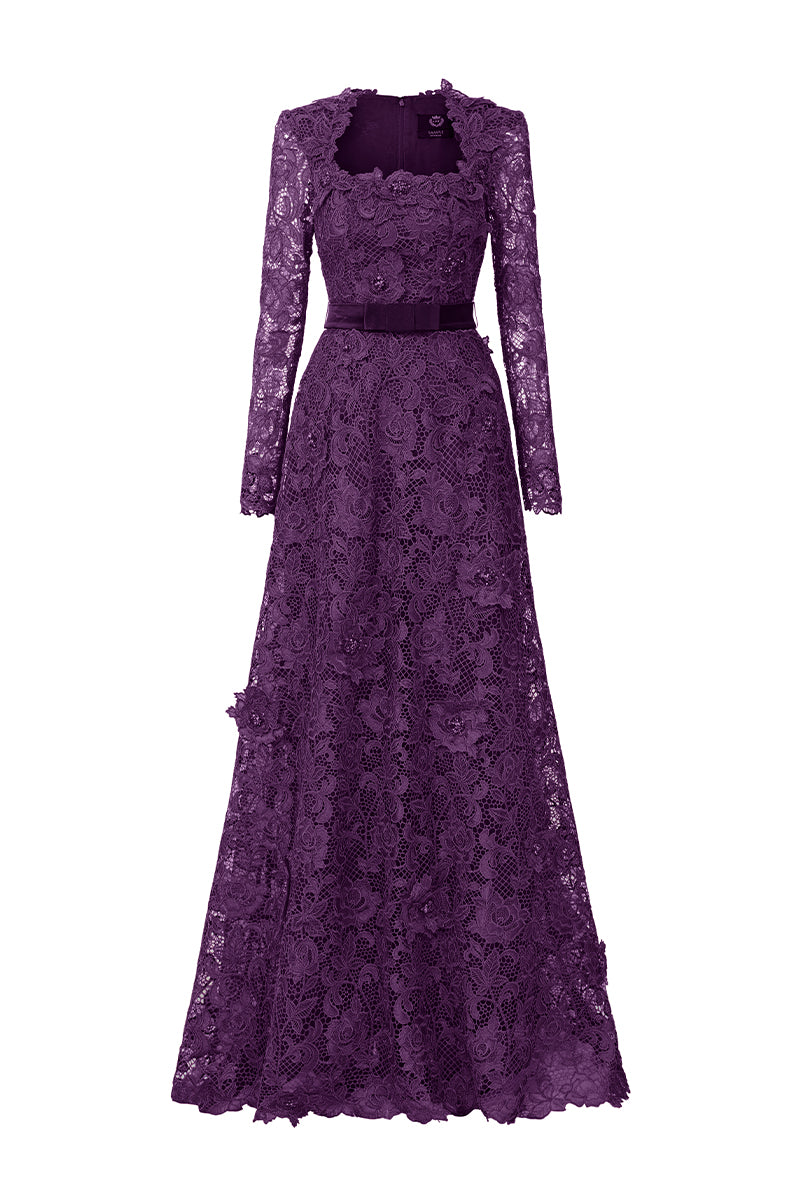 Trapeze Neck A-line Gown With Long Sleeves In Purple Guipure Lace