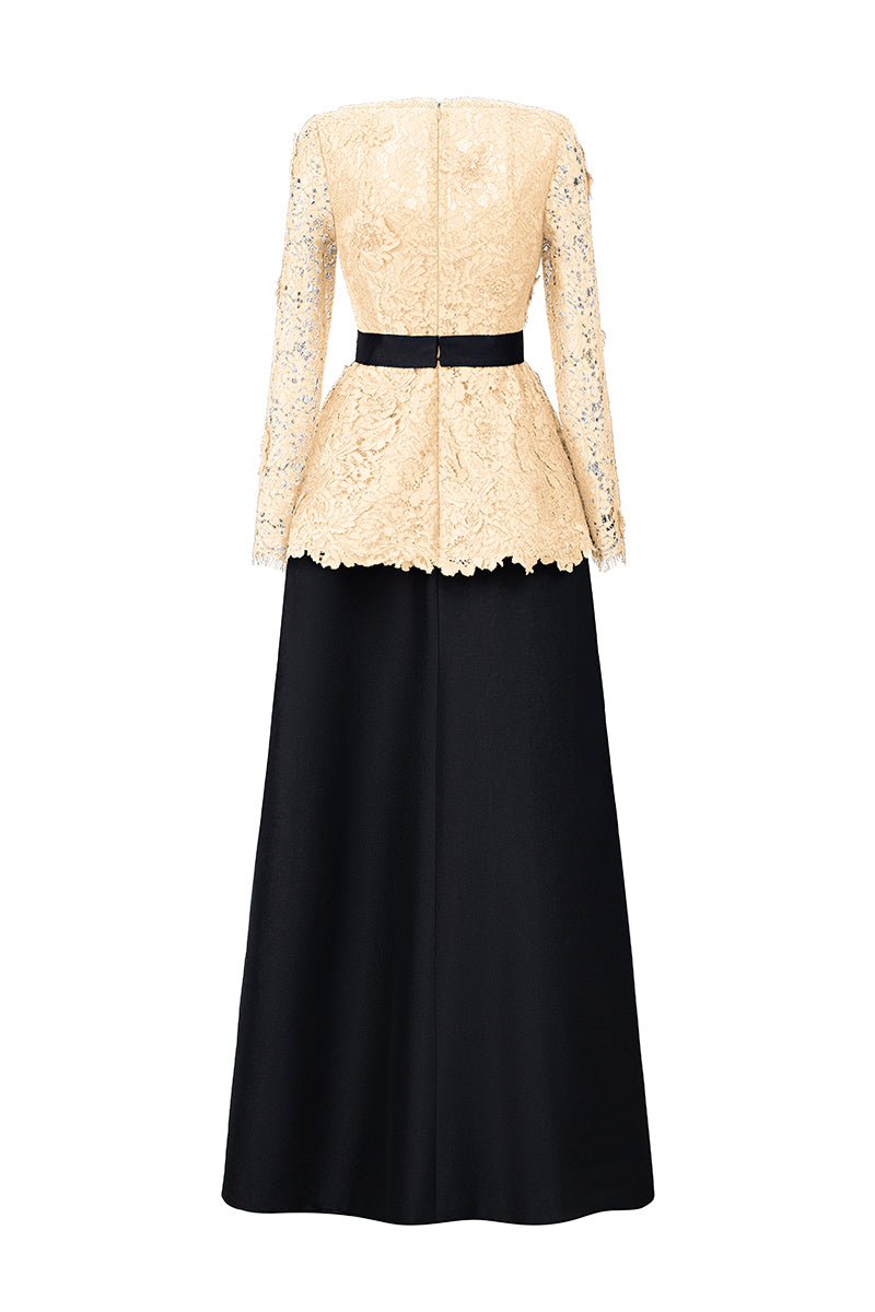 Queen Ann Neck A-Line Gown In Dark Red French Lace & Black Taffeta