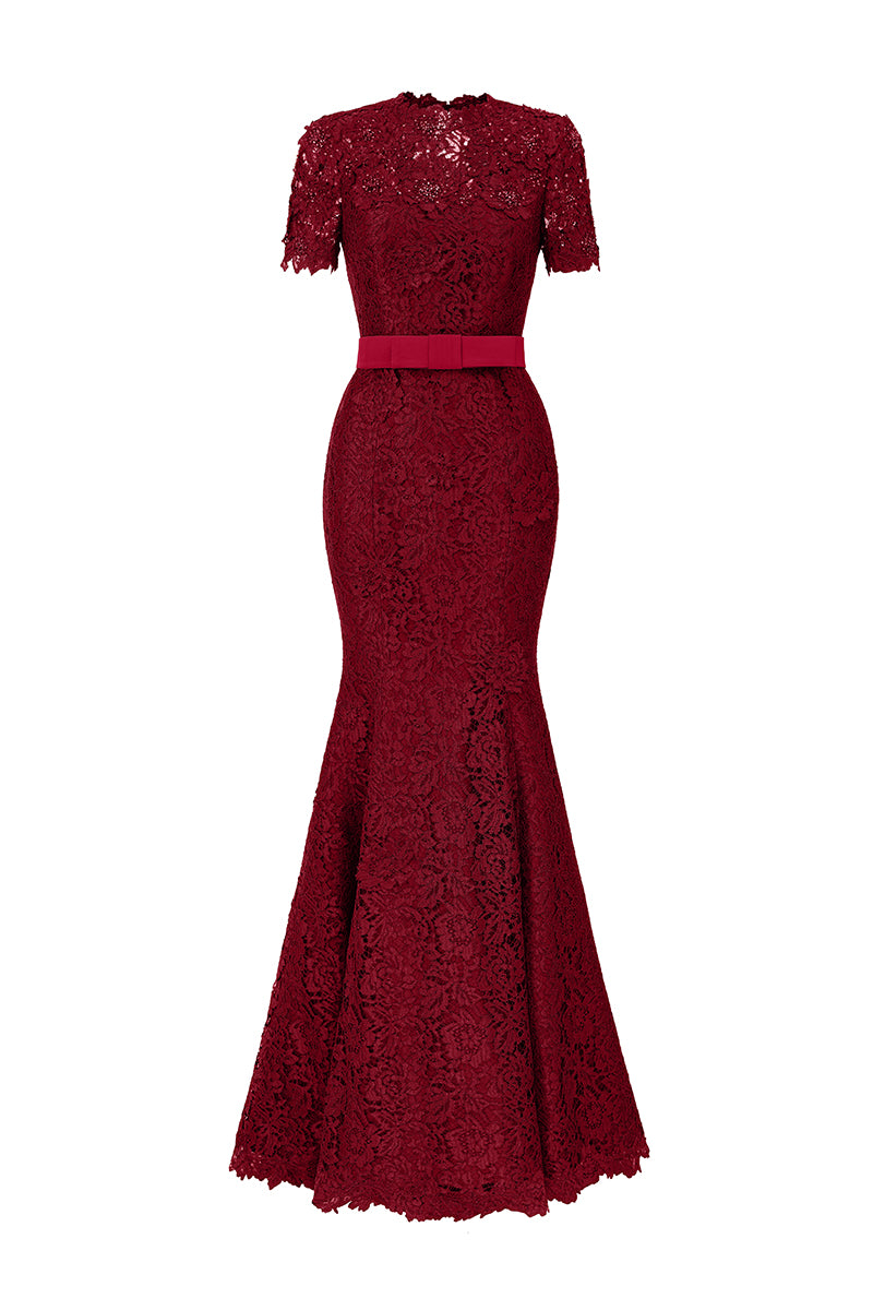 Round Neck Mermaid Gown With Short Sleeves In Dark Red French Lace