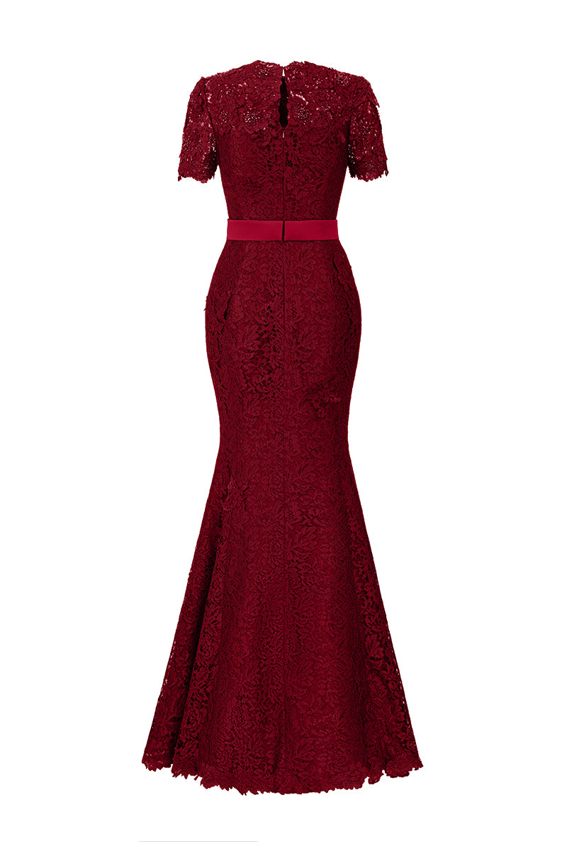 Round Neck Mermaid Gown With Short Sleeves In Dark Red French Lace