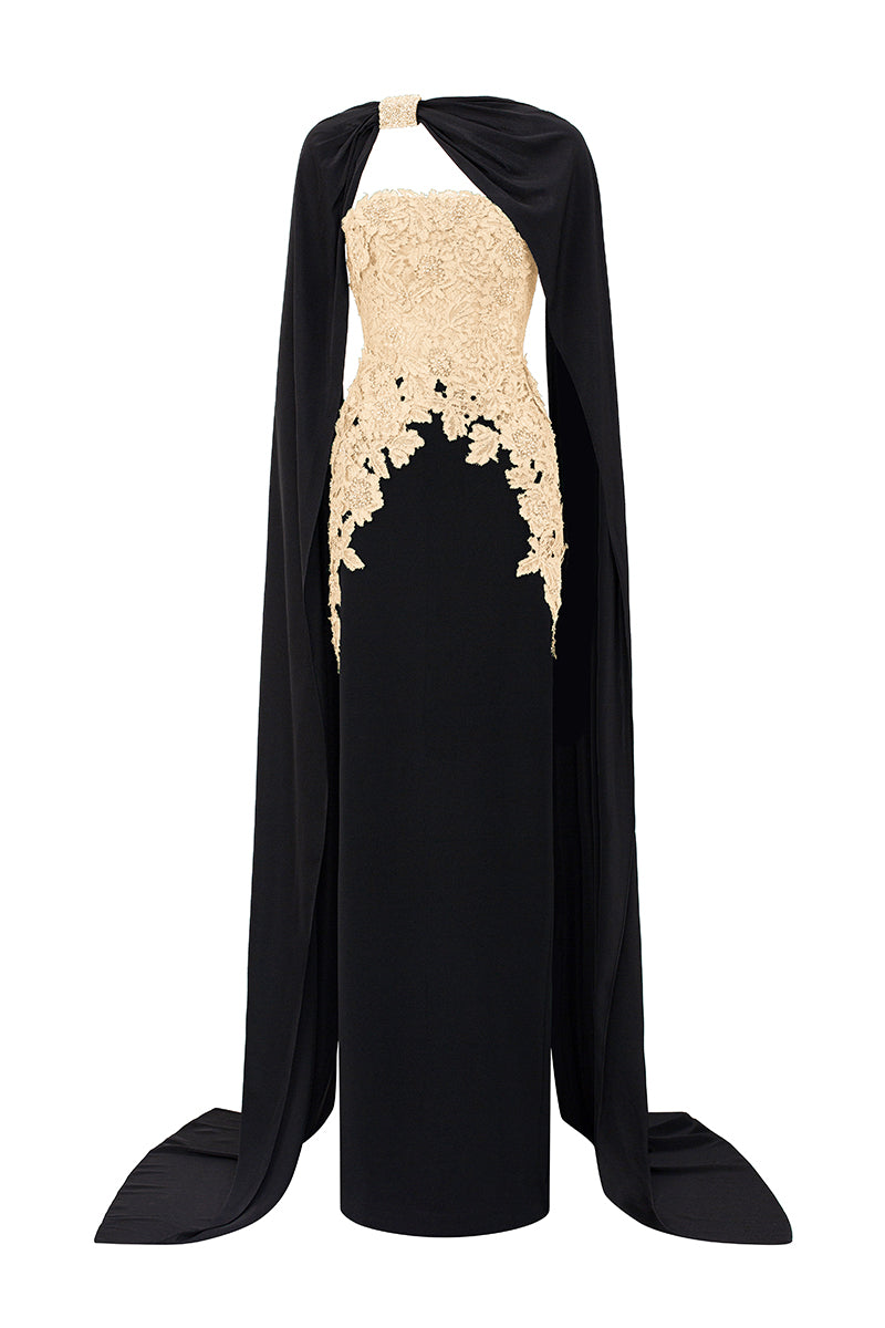 Strapless Column Gown With Long Cape In Dark Red French Lace & Black Crepe
