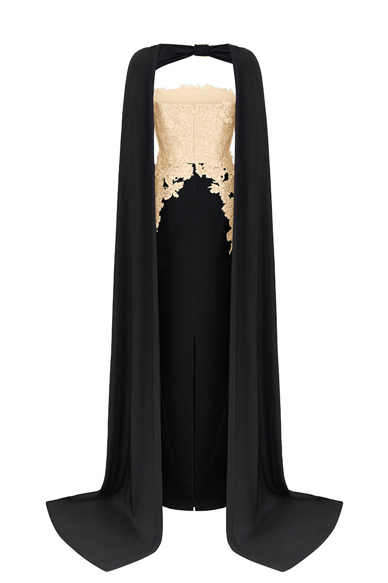 Strapless Column Gown With Long Cape In Dark Red French Lace & Black Crepe