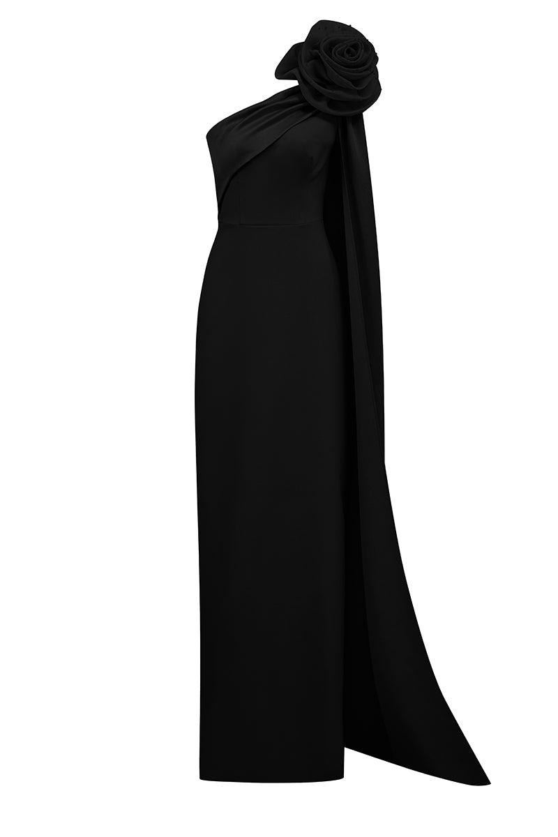 ONE SHOULDER COLUMN GOWN WITH DRAPED ROSE
