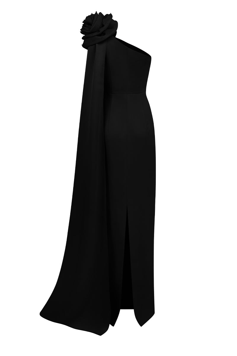 ONE SHOULDER COLUMN GOWN WITH DRAPED ROSE