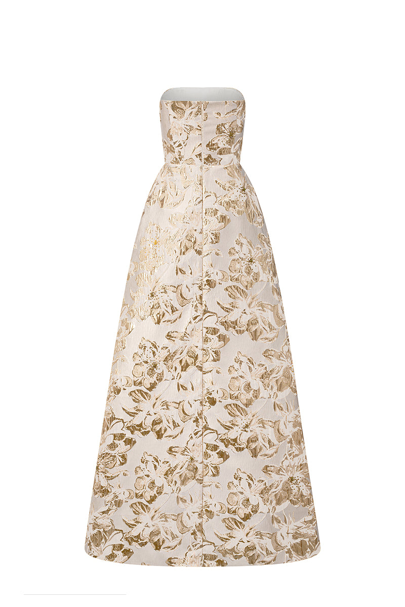 Strapless A-line Gown With Draped Details In Beige Jacquard