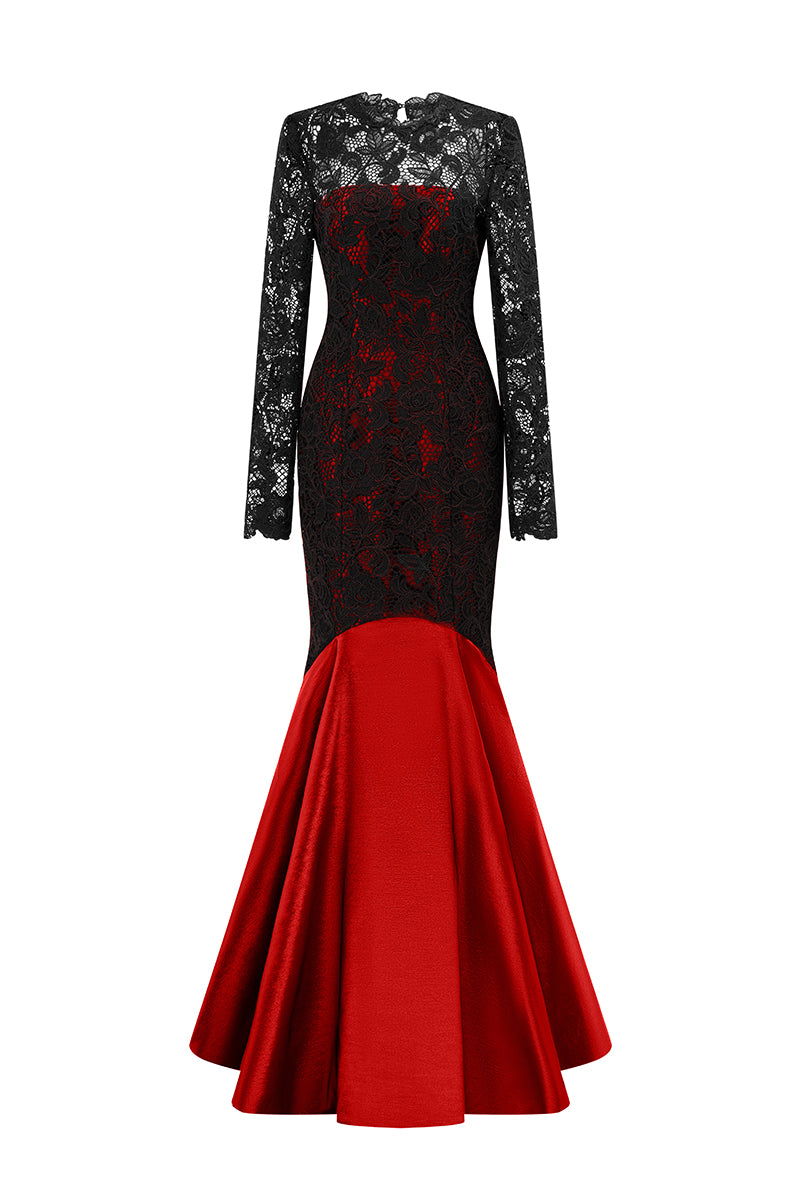 LONG SLEEVES MERMAID GOWN WITH PLEATED HEM