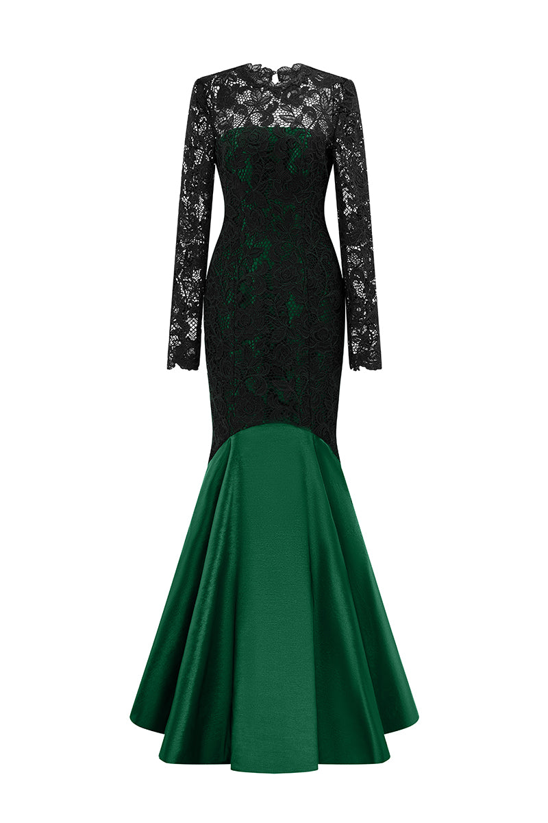 LONG SLEEVES MERMAID GOWN WITH PLEATED HEM