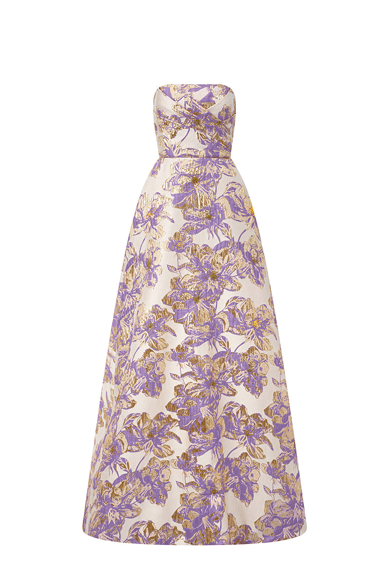 Strapless A-line Gown With Draped Details In Beige Jacquard