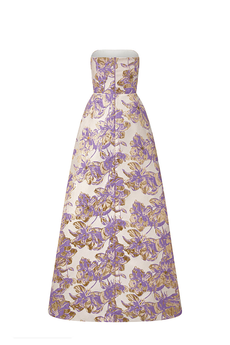 Strapless A-line Gown With Draped Details In Beige Jacquard