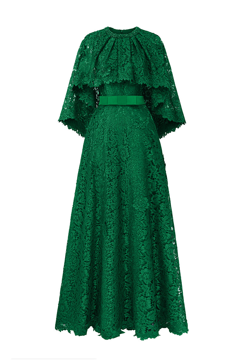 Round Neck Column A-line Gown With Mullet Cape In Dark Green French Lace