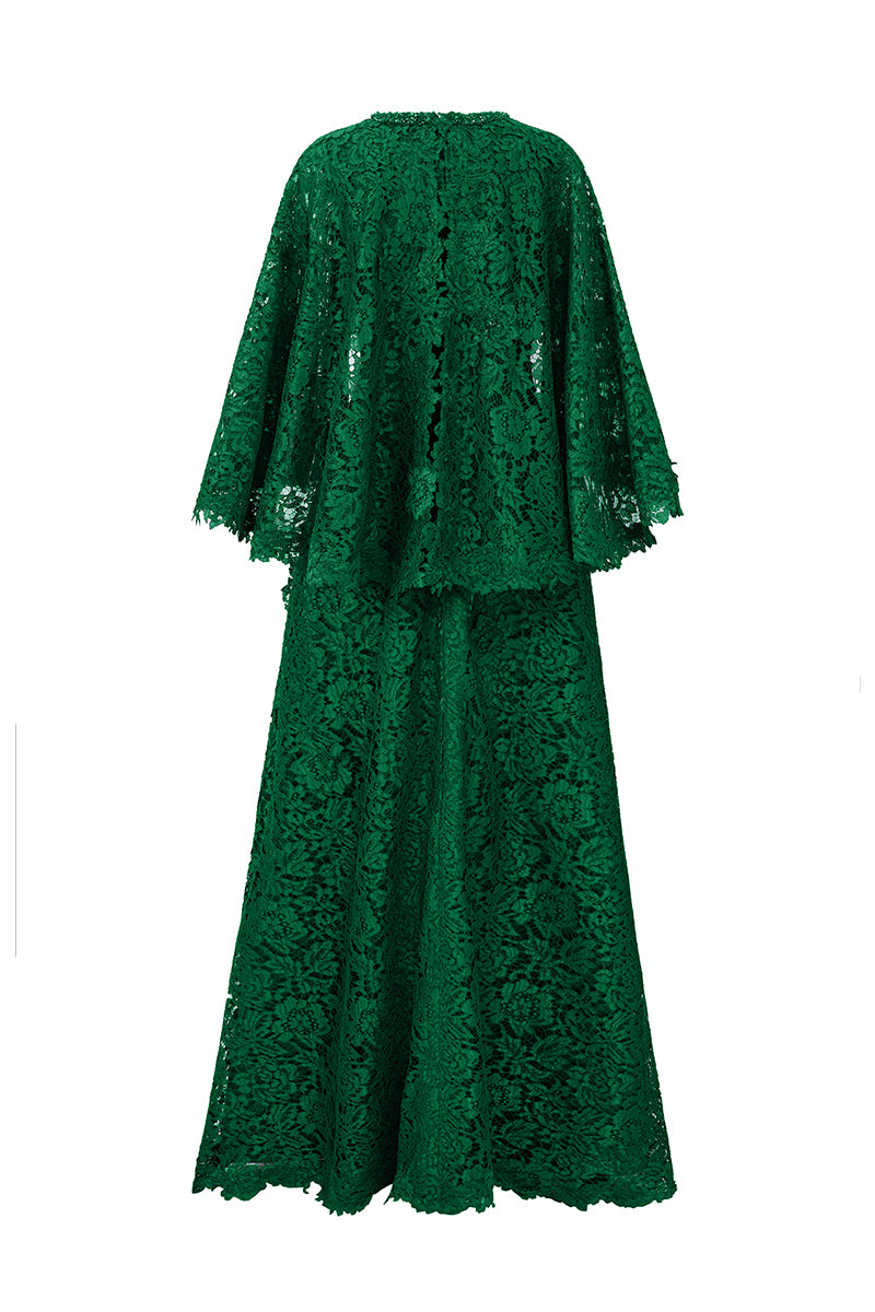 Round Neck Column A-line Gown With Mullet Cape In Dark Green French Lace