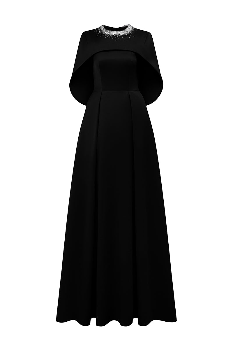 Round Neck A-Line Gown With Circular Cut Mini Cape