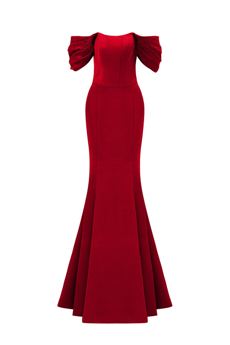 Burstier Mermaid Gown With Off-Shoulder Draped Sleeves