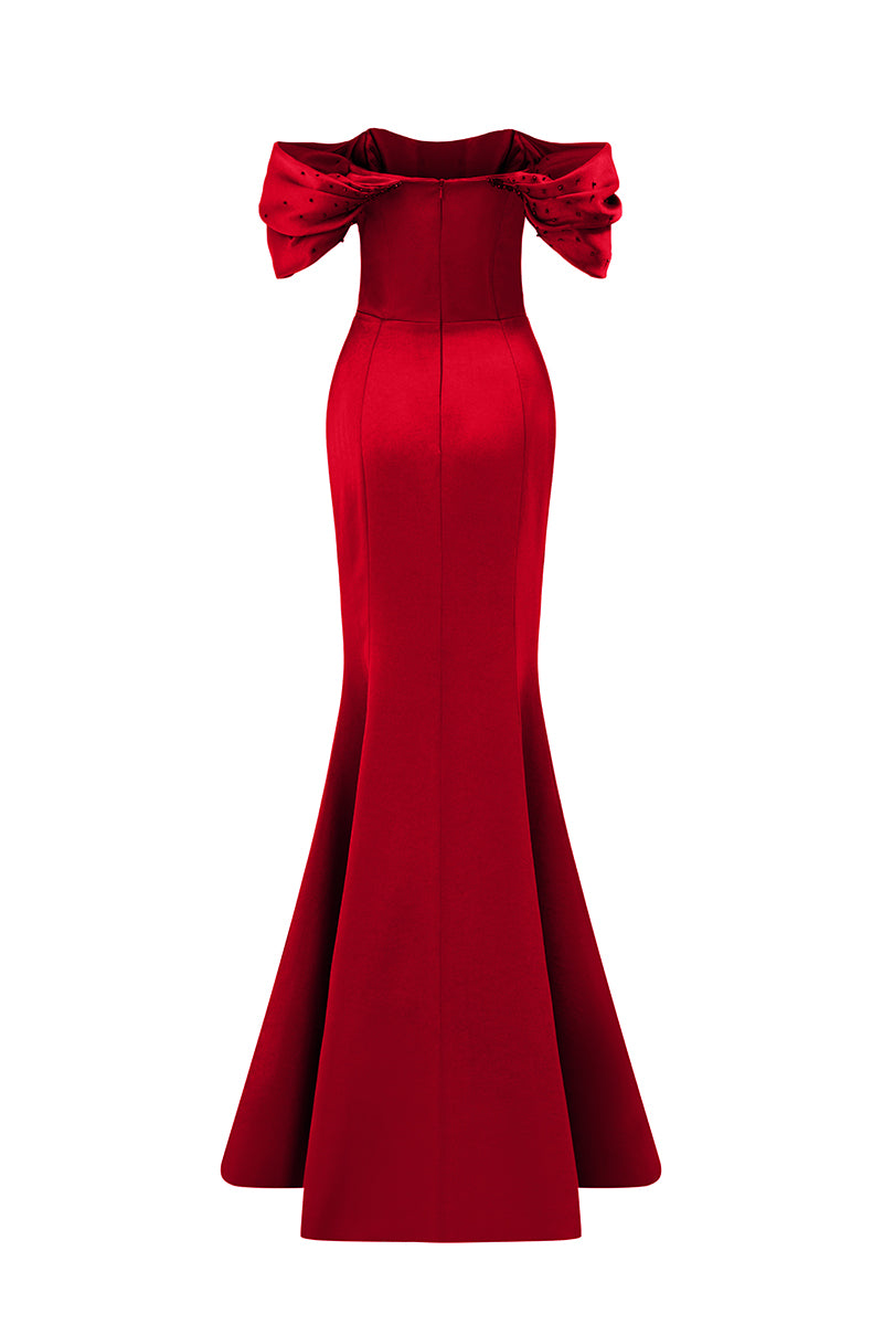 Burstier Mermaid Gown With Off-Shoulder Draped Sleeves