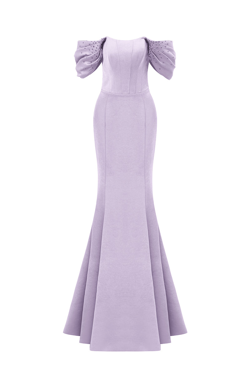 Burstier Mermaid Gown With Off-Shoulder Draped Sleeves