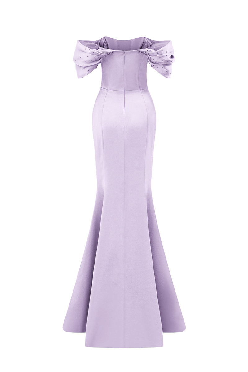 Burstier Mermaid Gown With Off-Shoulder Draped Sleeves
