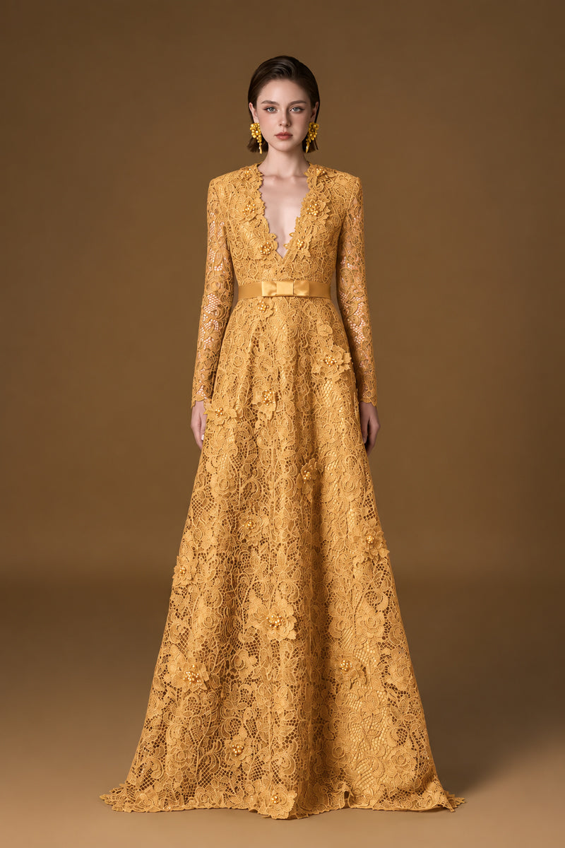 V Neck A-line Gown With Long Sleeves In Yellow Guipure Lace