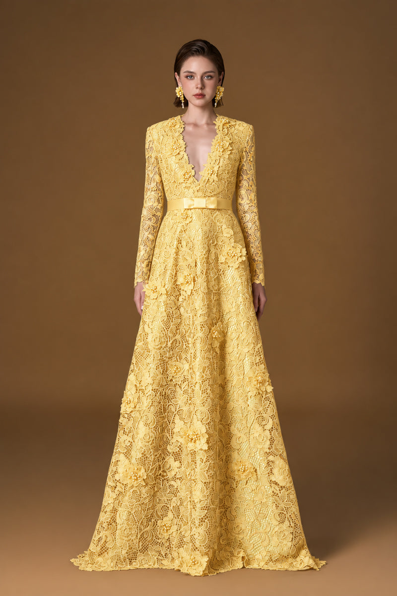 V Neck A-line Gown With Long Sleeves In Light Yellow Guipure Lace