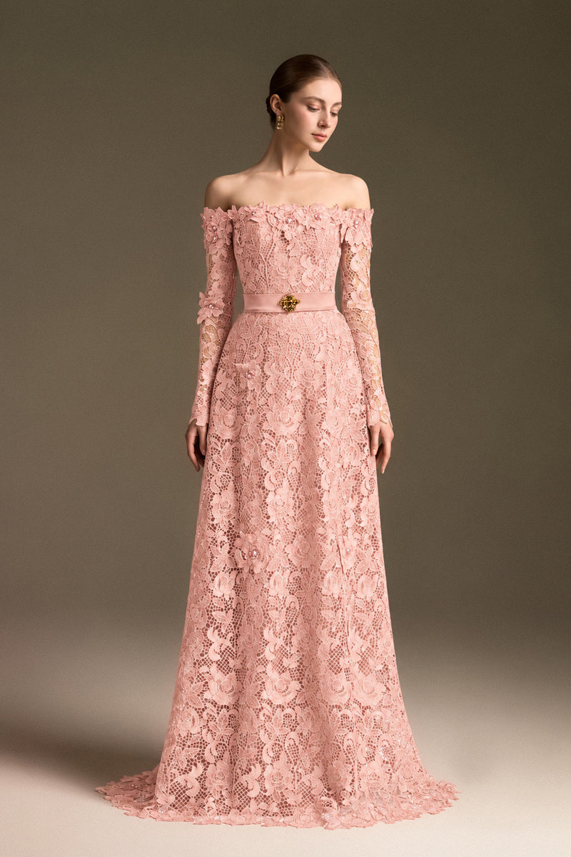 Light Pink Long Sleeves Off-Shoulder A-Line Gown
