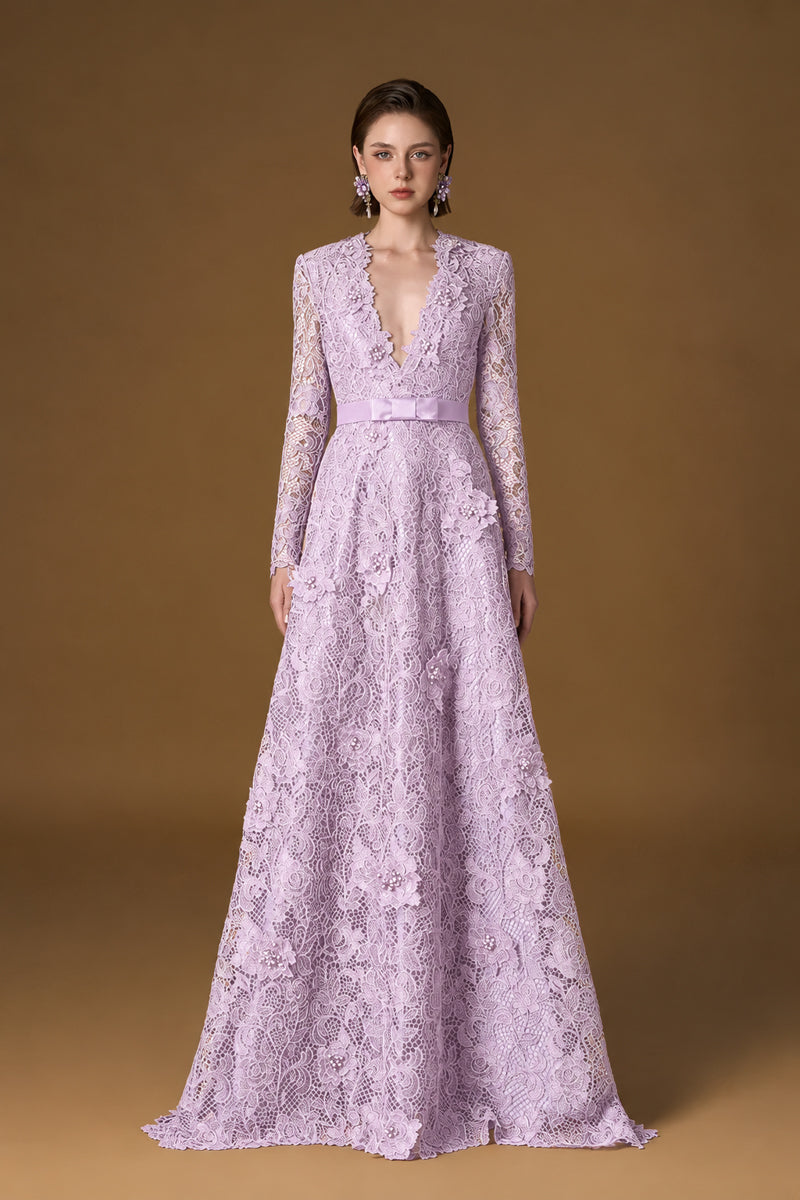 V Neck A-line Gown With Long Sleeves In Light Purple Guipure Lace