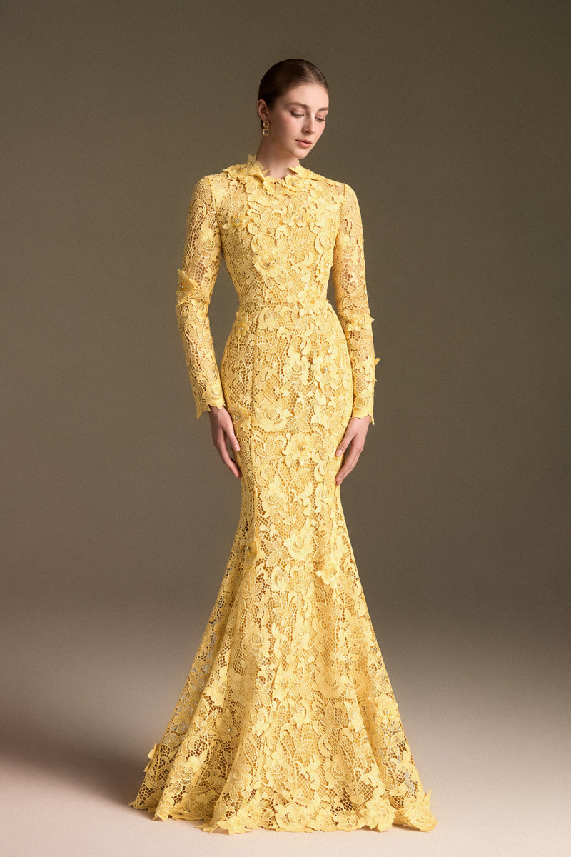 Round Neck Mermaid Gown With Long Sleeves In Yellow Guipure Lace