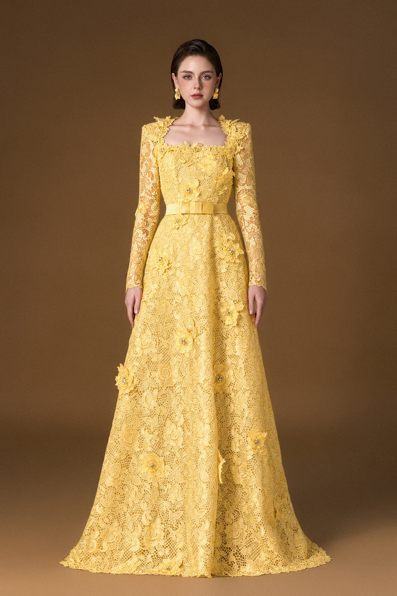 Trapeze Neck A-line Gown With Long Sleeves In Light Yellow Guipure Lace
