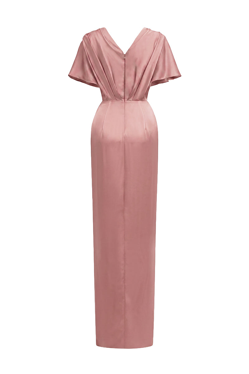 Light Pink Agate Silk V-Neck Dress With Flutter Sleeves And A Slit