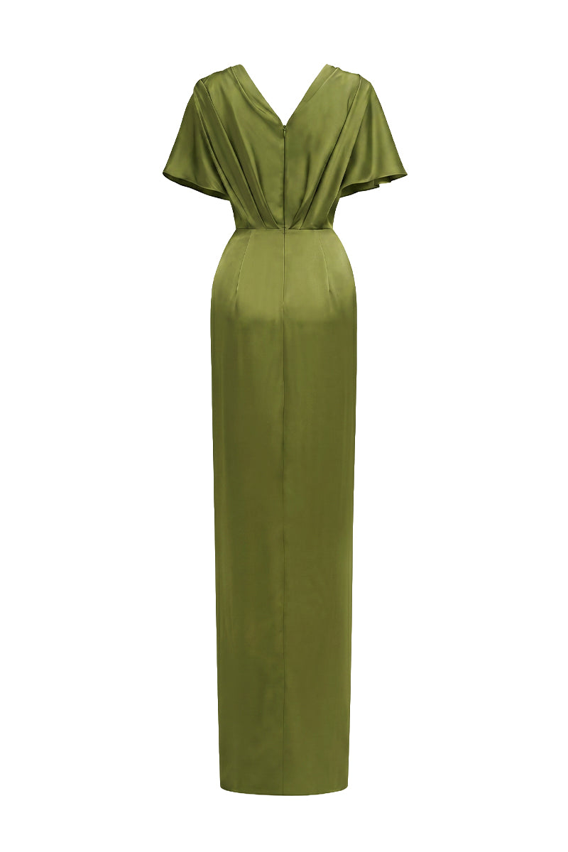 Olive Agate Silk V-Neck Dress With Flutter Sleeves And A Slit