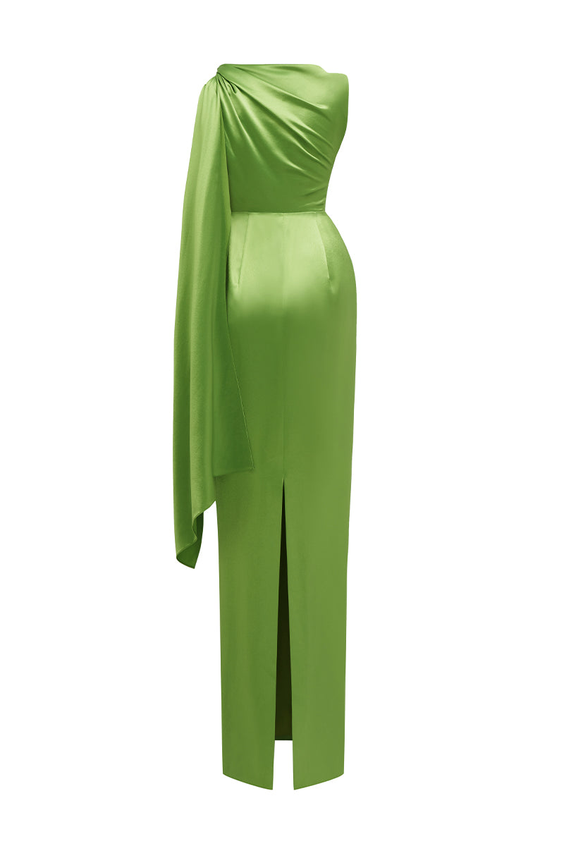 Asymmetric Pleated Gown With Tie Detail In Satin Silk