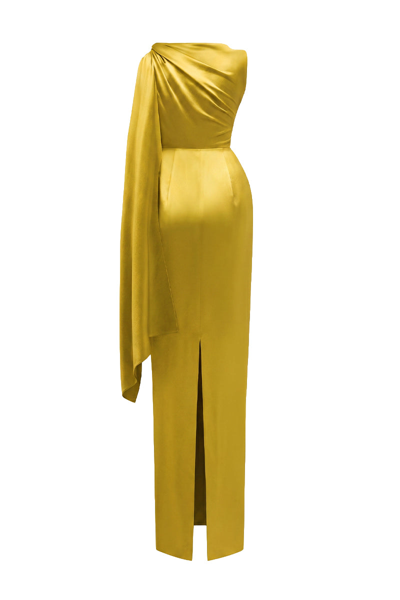 Asymmetric Pleated Gown With Tie Detail In Satin Silk