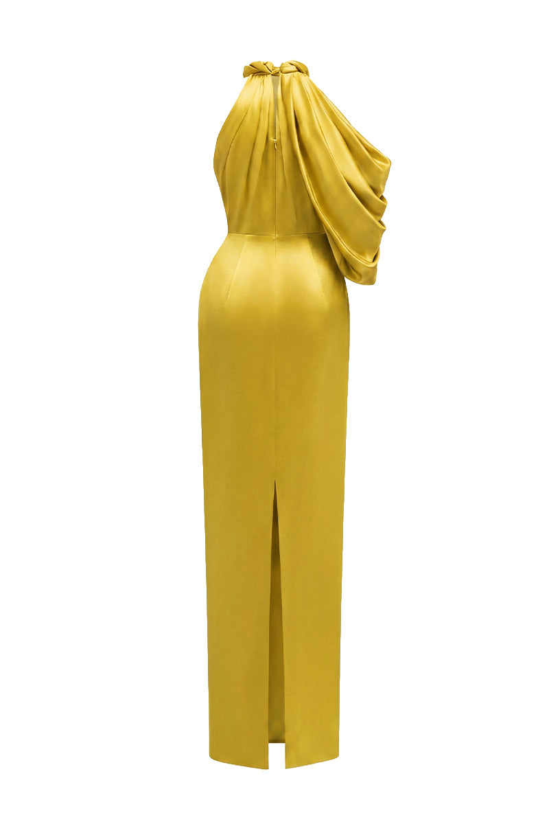 Asymmetric Pleated Halter Dress With Satin Draping