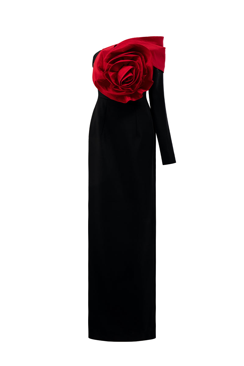 Asymmetric Column Gown With Draped Rose