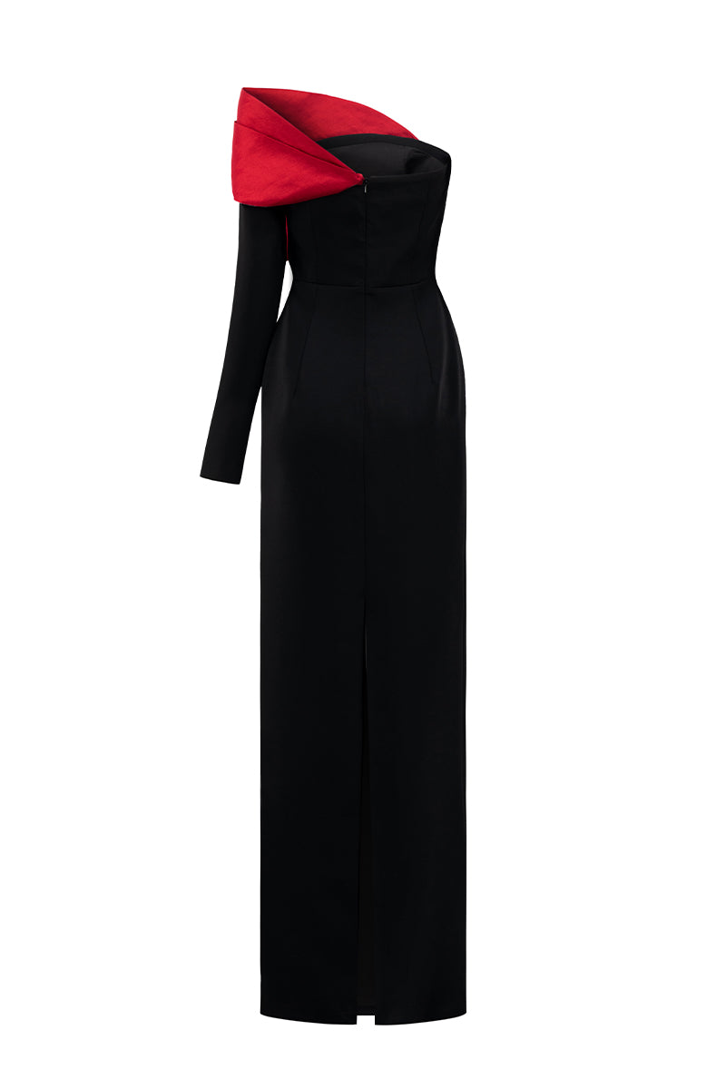 Asymmetric Column Gown With Draped Rose