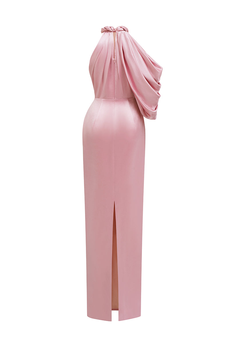 Asymmetric Pleated Halter Dress With Satin Draping