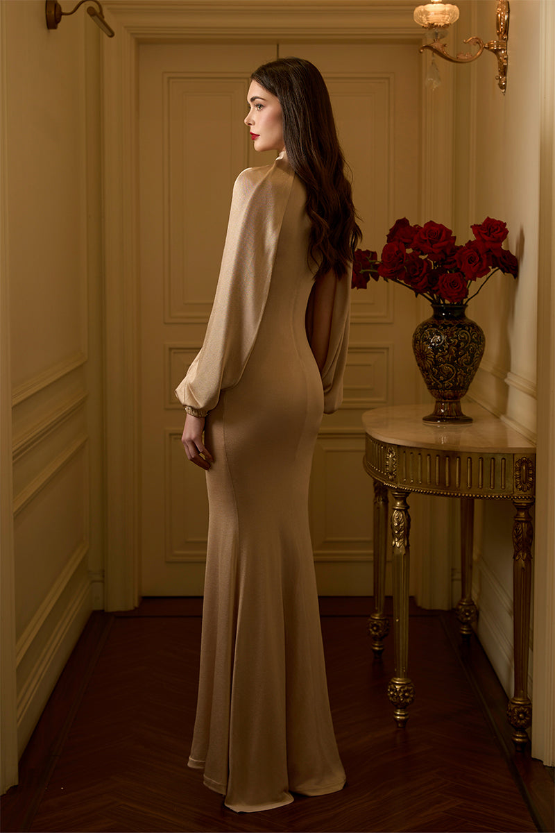 Asymmetric Sleeves Jersey Mermaid Gown