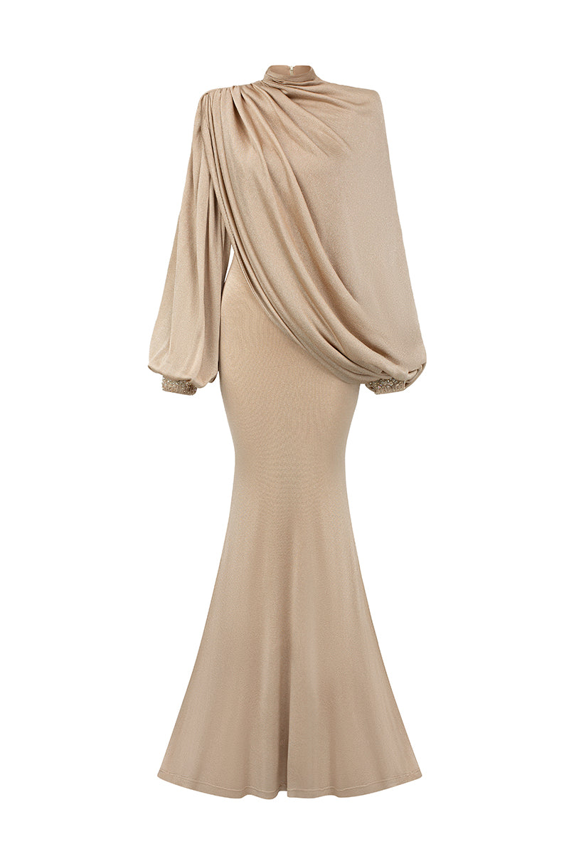 Asymmetric Sleeves Jersey Mermaid Gown