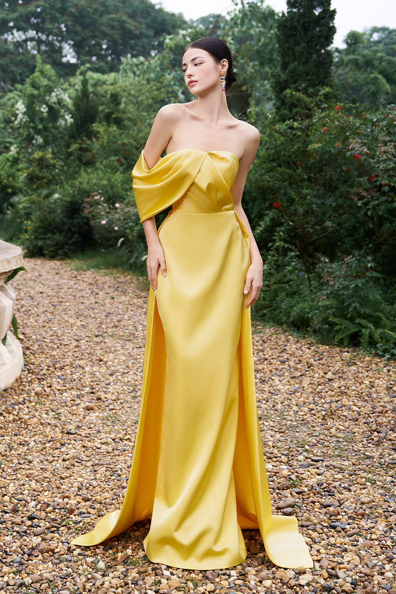 Asymmetrical Draped Strapless Column Silk Gown