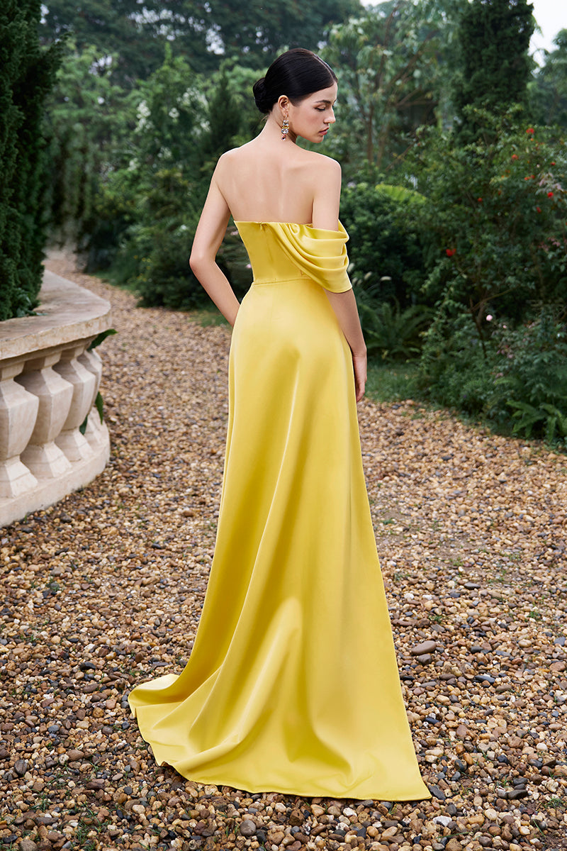 Asymmetrical Draped Strapless Column Silk Gown