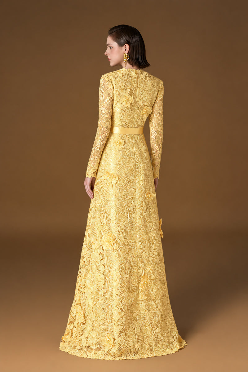 V Neck A-line Gown With Long Sleeves In Light Yellow Guipure Lace