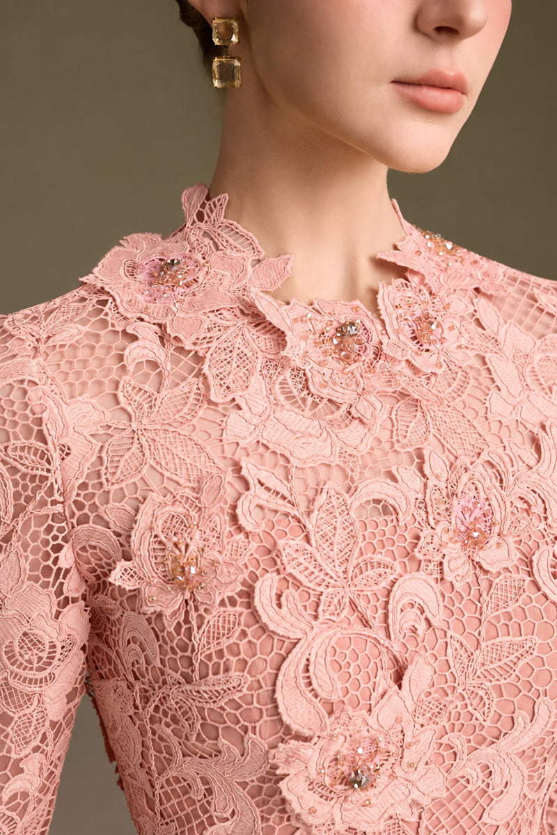 Round Neck Mermaid Gown With Long Sleeves In Light Pink Guipure Lace