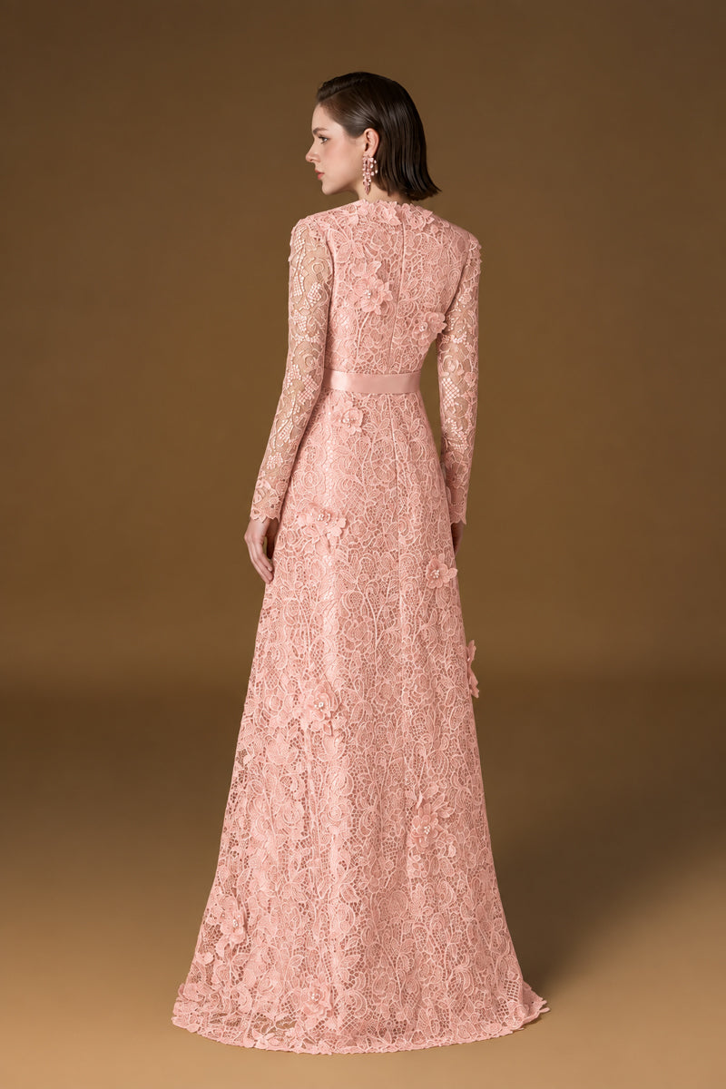 V Neck A-line Gown With Long Sleeves In Light Pink Guipure Lace