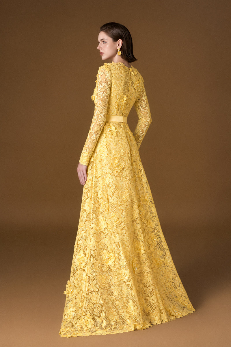 Trapeze Neck A-line Gown With Long Sleeves In Light Yellow Guipure Lace