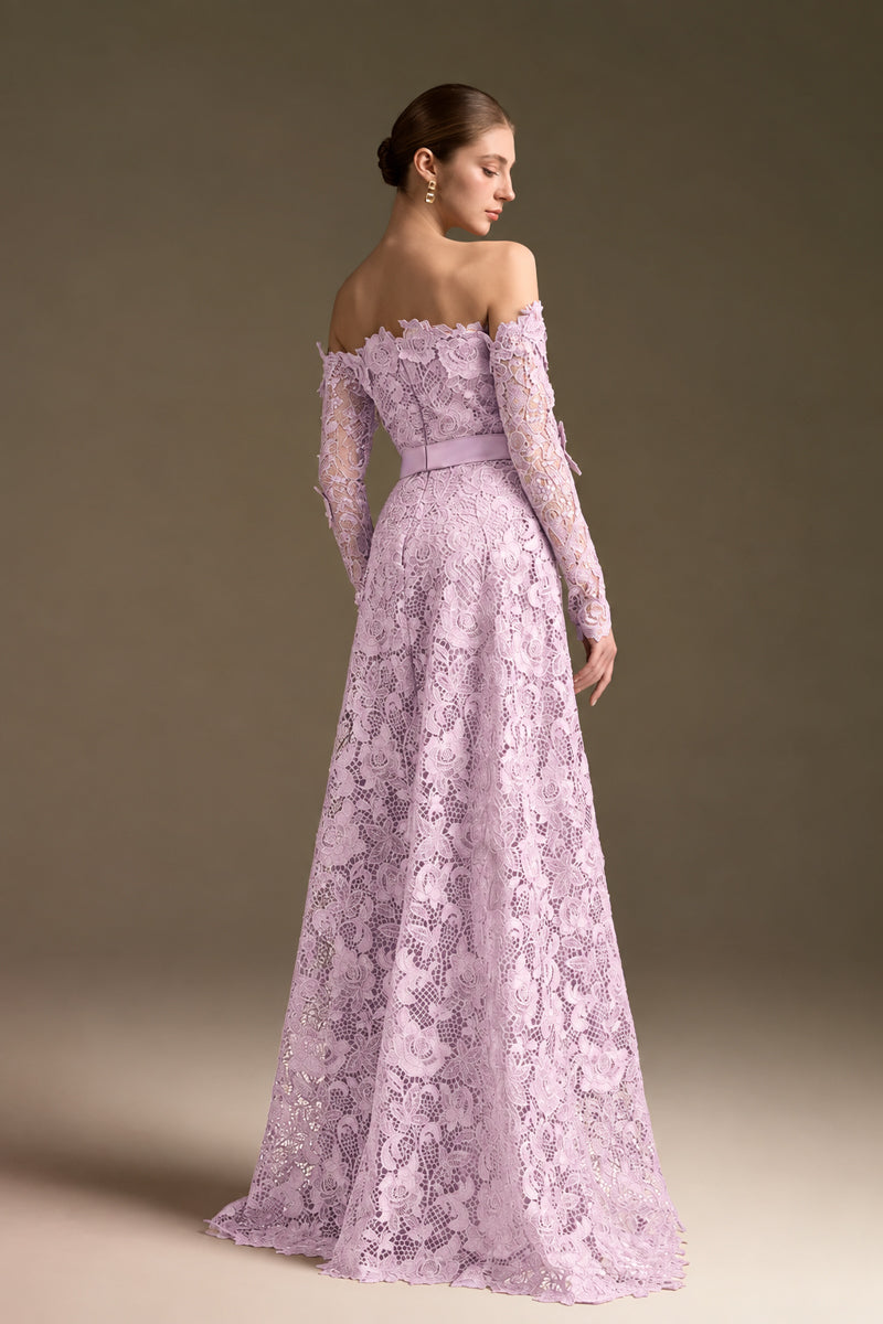 Light Purple Long Sleeves Off-Shoulder A-Line Gown