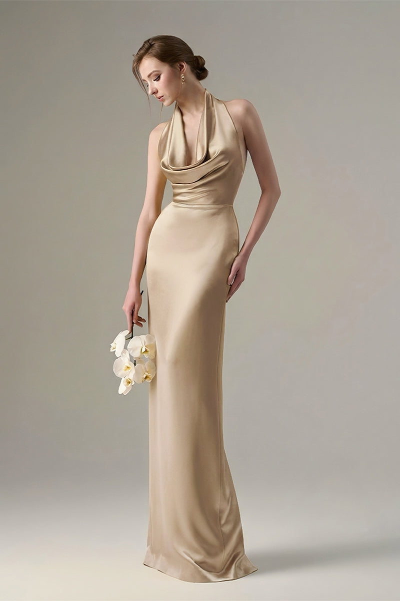 Beige Satin Silk Halter Dress With Pleated Detailing