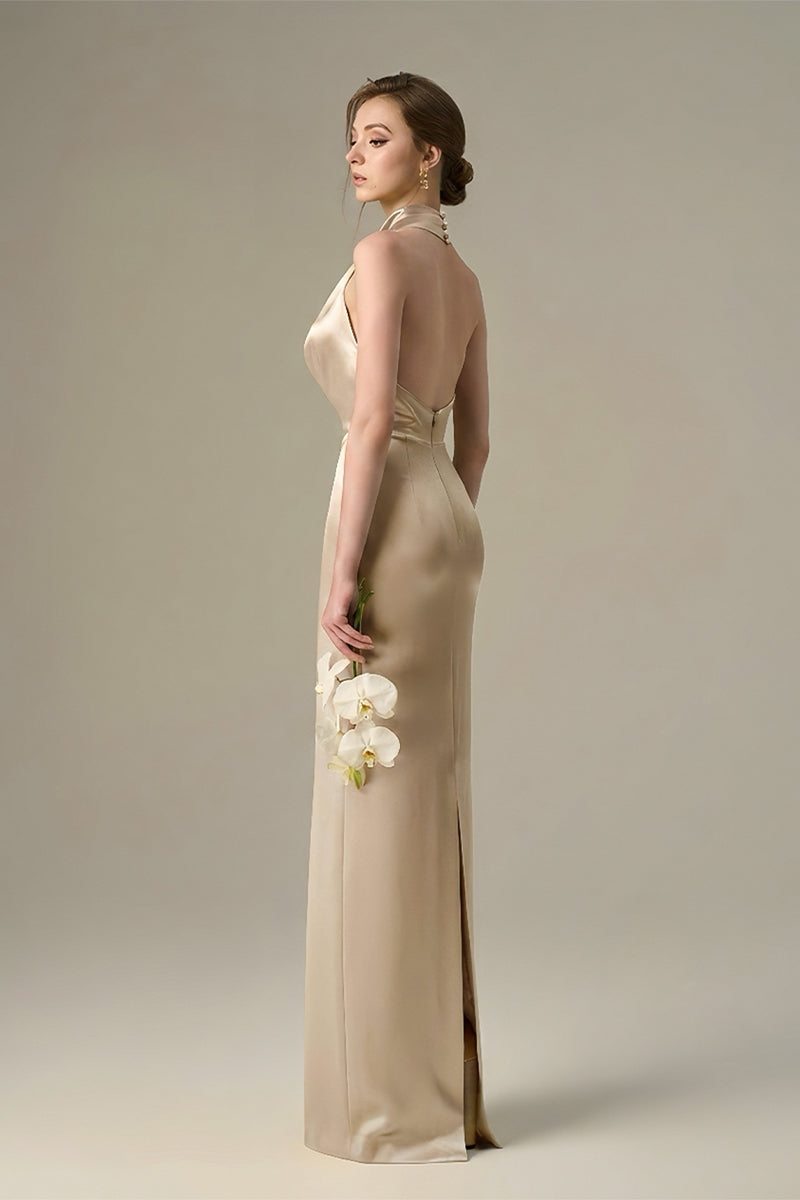 Beige Satin Silk Halter Dress With Pleated Detailing