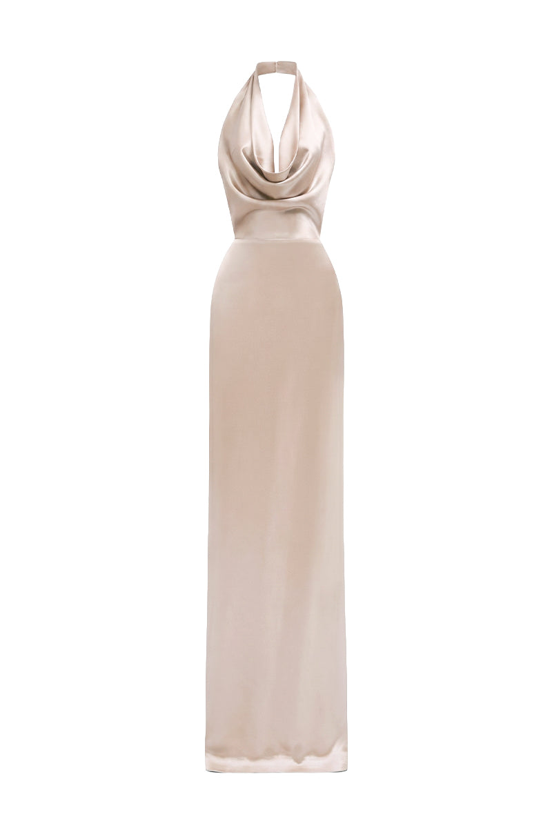 Beige Satin Silk Halter Dress With Pleated Detailing