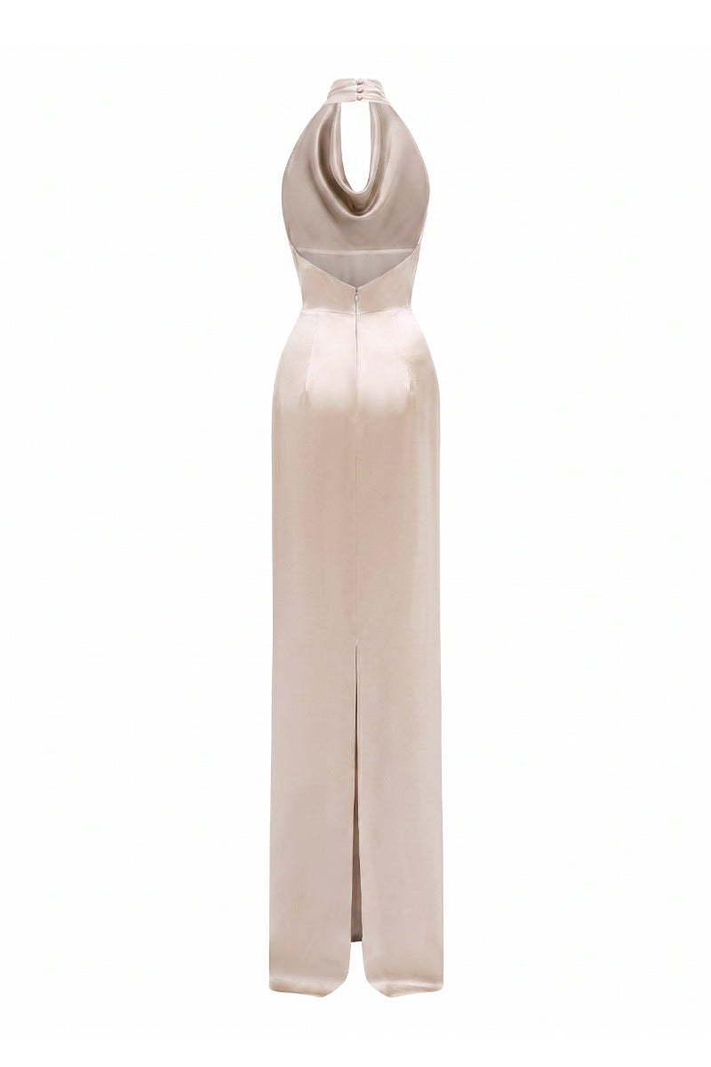 Beige Satin Silk Halter Dress With Pleated Detailing