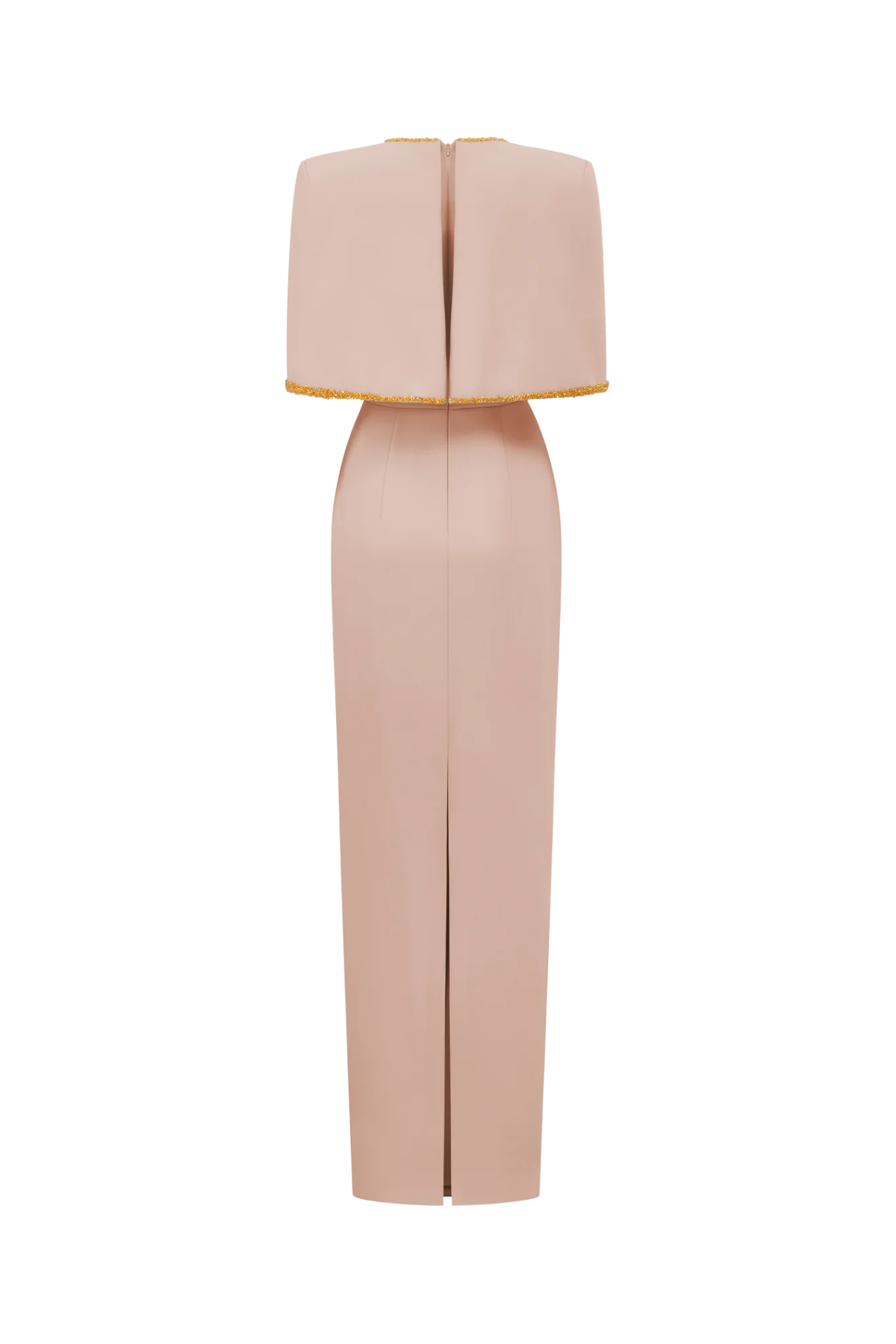 Beige Midi V-Neck Column Dress With Attached Cape Detail_2