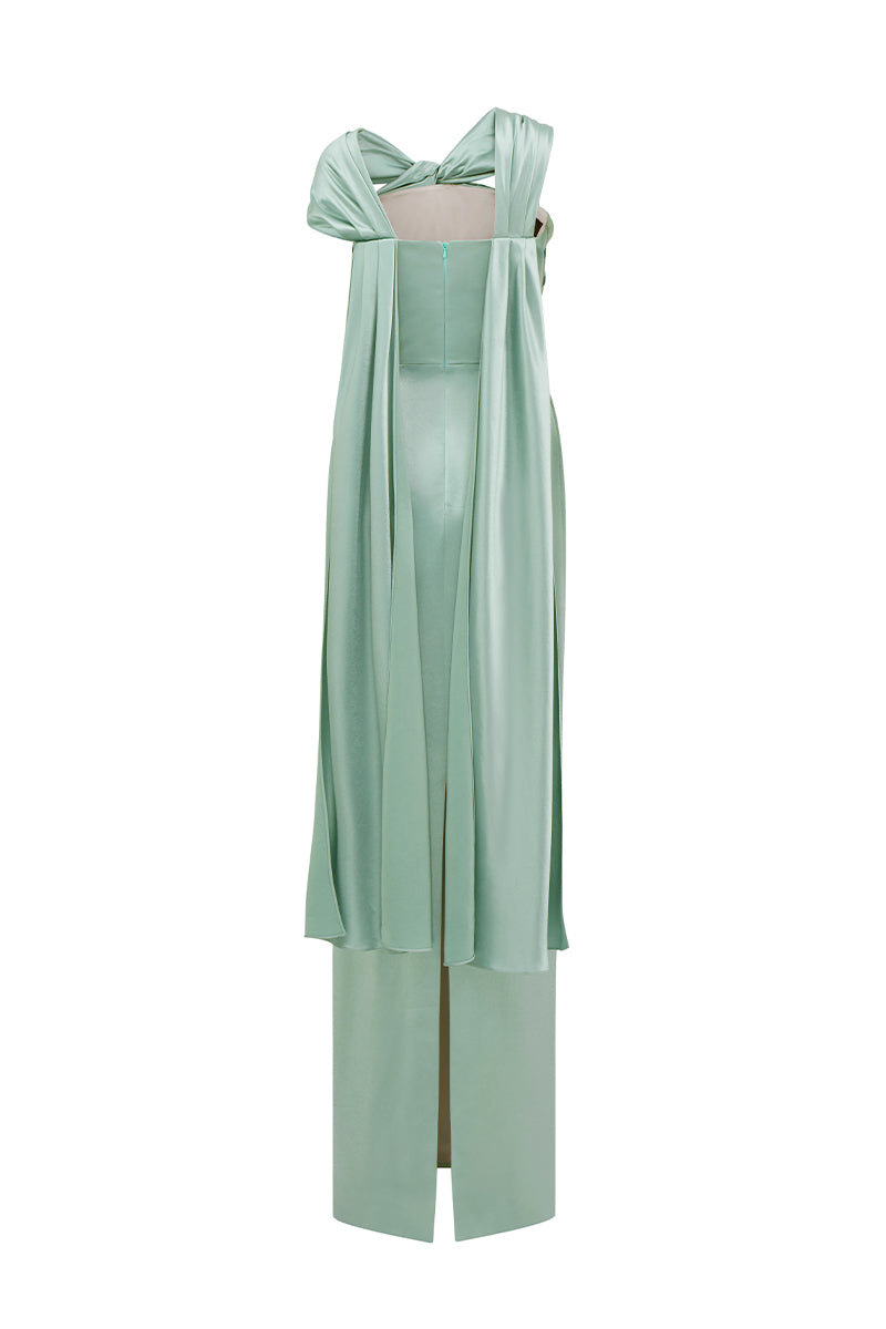 Blue Satin Silk Dress With Twisted Cross And Pleated Drape