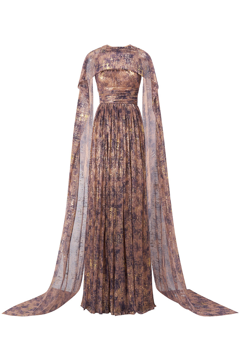Bottle Neck A-Line Gown With Ruffle Back Train In Purple Tie-Dyed Golden Chiffon